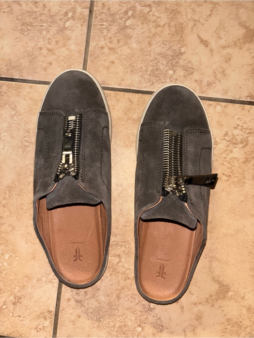 Frye Gray Suede Slip-On Sneakers with Center Gold Zippers